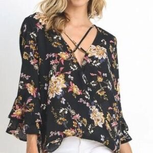 Anthropologie JODIFL Black Floral Blouse with Flutter Sleeves